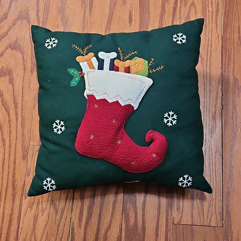 Vintage Christmas Pillow Green Red Stocking Dog Bones Couch Square